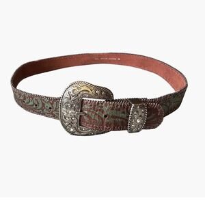 1781 BC Western Belt Size M Brown Turquoise Rhinestone Buckle Leather Floral M